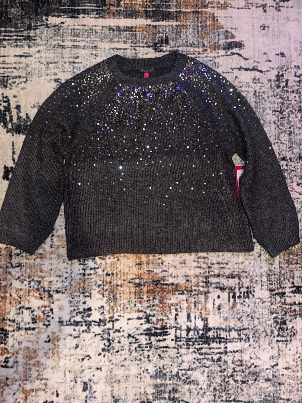 Vince Camuto Dark Gray Crewneck Sweater with Iridescent Sequins